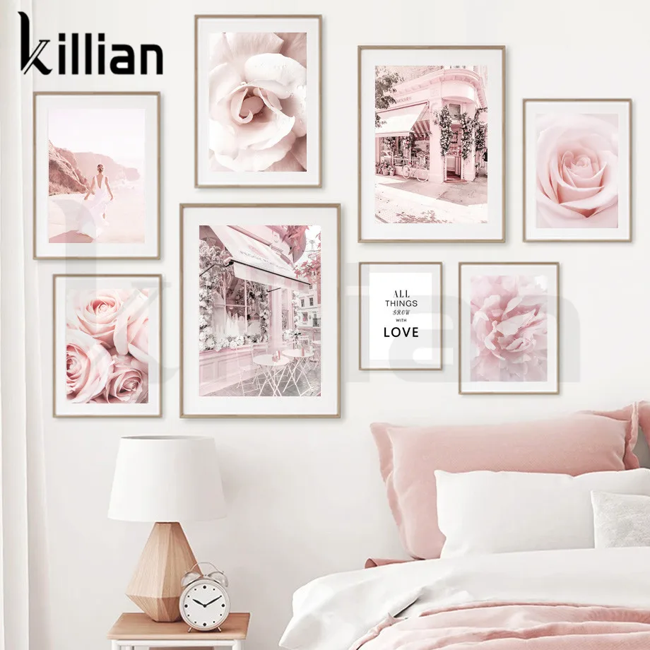 

Nordic Pink Rose Flowers Girl Peony Quote Landscape Canvas Painting Wall Art Posters Prints Wall Pictures for Living Room Decor