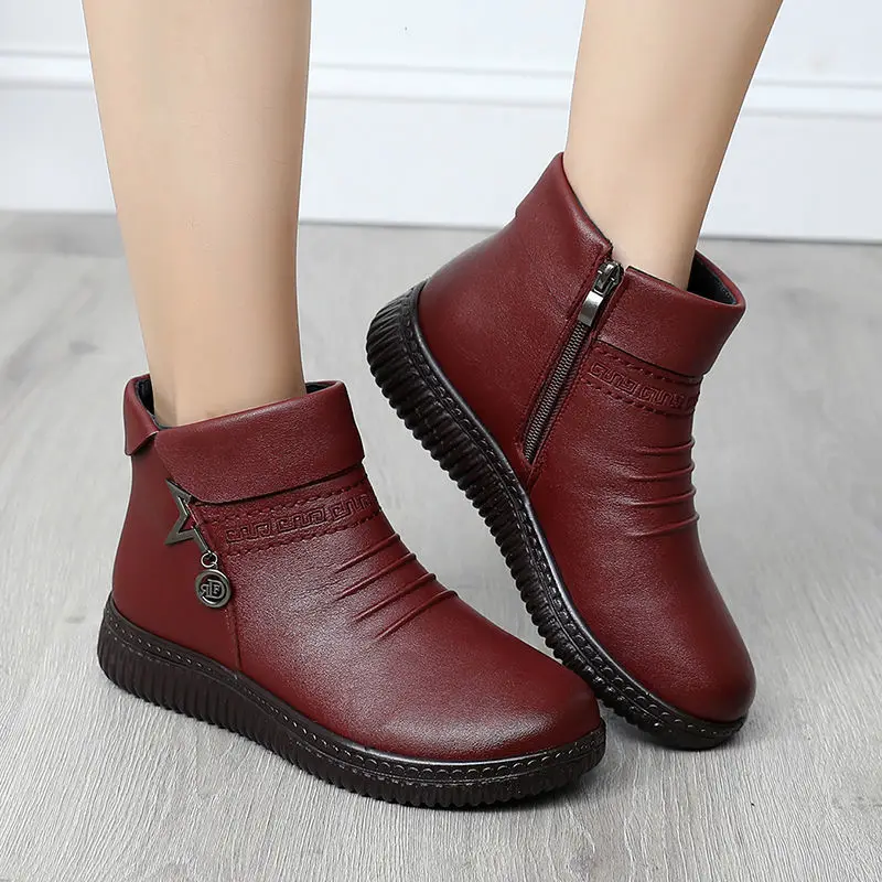 Vintage retro ladies ankle leather boots warm plush waterproof snow boots for women zip Y2K shoes 2021