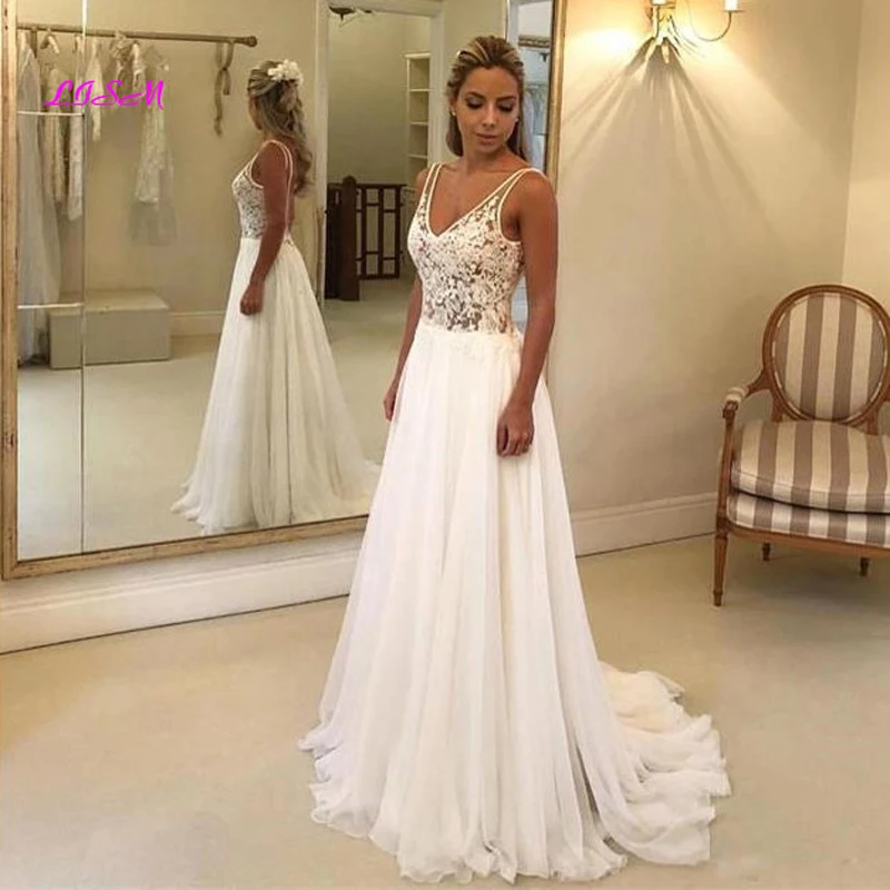 

Кружевное свадебное платье-трапеция с глубоким V-образным вырезом и аппликацией, сексуальные шифоновые длинные свадебные платья с открытой...