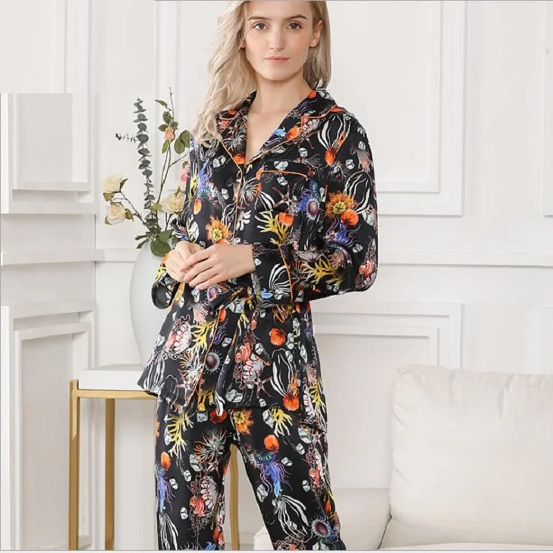 Woman Pajamas Sets 100% Silk Stain Floral Homewears 2020 Lady Silk Sleepwear Homewear Pyjamas Sets Long Sleeve