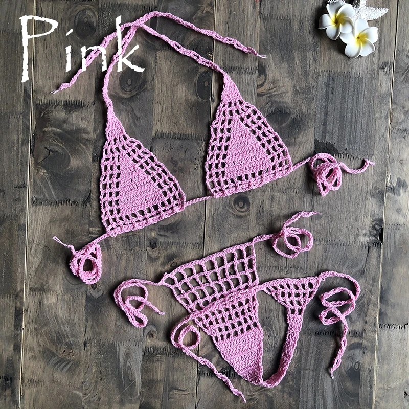 Pink Ручная работа, вязанное крючком микро бикини, стринги, пляжные микро купальники, сексуальное нижнее белье, наборы, горячая Распродажа - Цвет: Pink