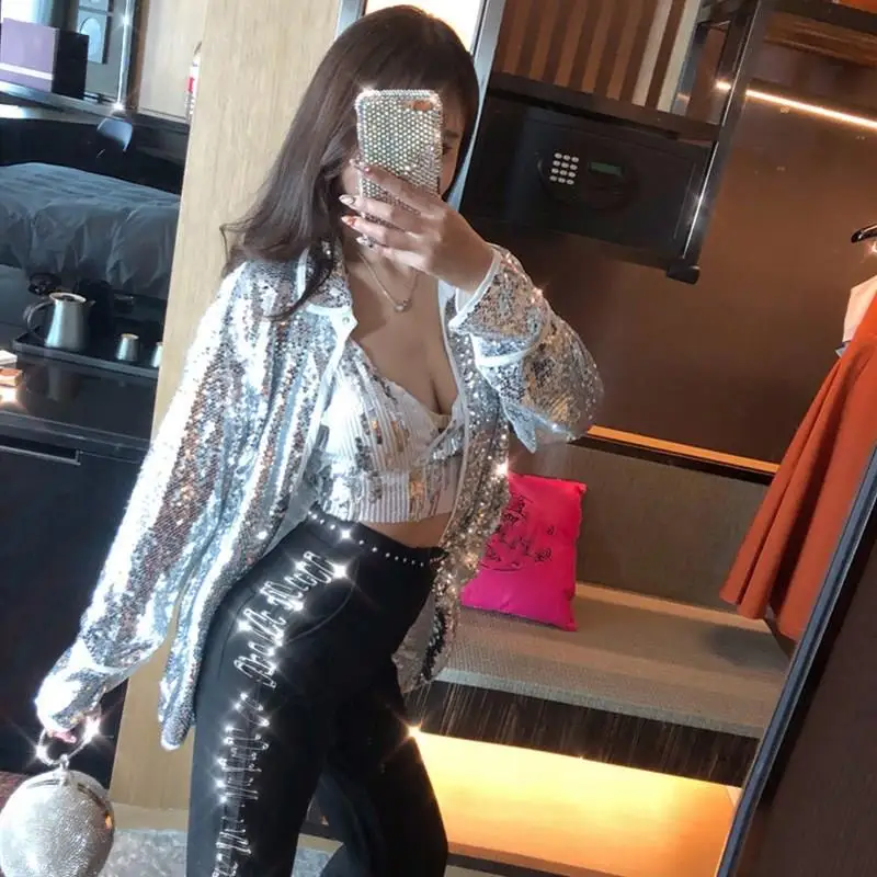 Осенняя Женская шикарная куртка с блестками пальто уличная одежда золото