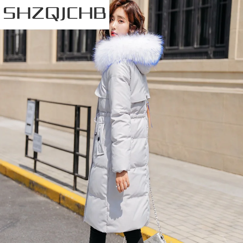 

SHZQ зимняя куртка женская с капюшоном тонкая Длинная пуховая куртка Женская 90% белая парка на утином пуху натуральный Лисий мех Женская одеж...
