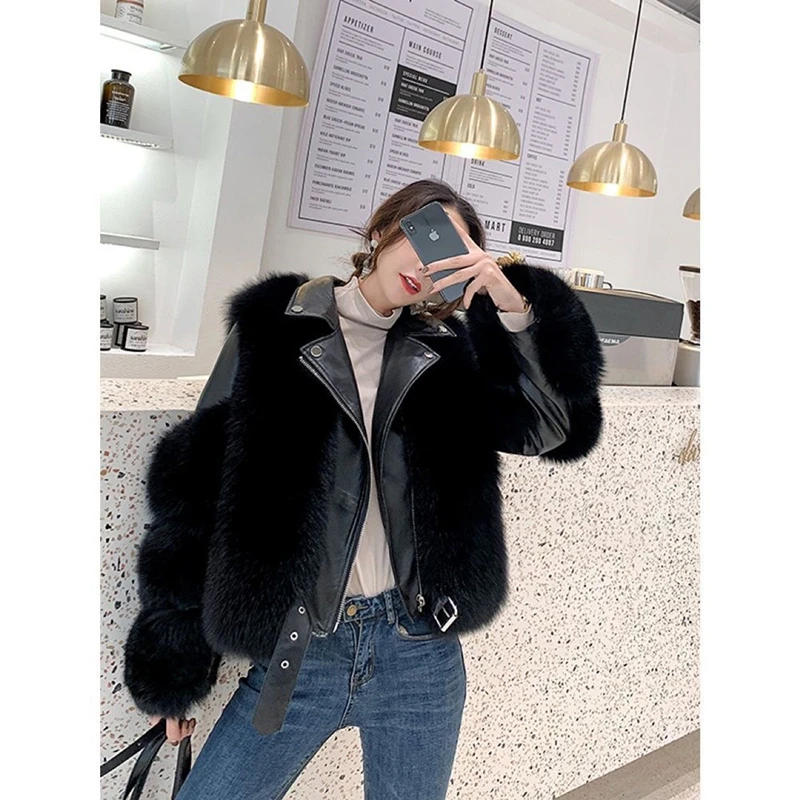 2021 New Skin Thin Jacket Ms. Fox Fur Coat Female Motorcycle Model Leather FashionShort Coat Women's Coat Fur Jacket Fox Fur