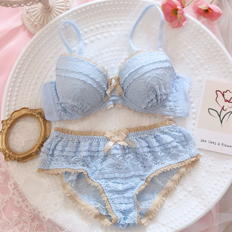 SO Sweet Sexy Lolita Girl Cake Lace Trim Underwear Set Japanese Women's No rims Underwire Soft Sister Push-Up Bra & Brief Set