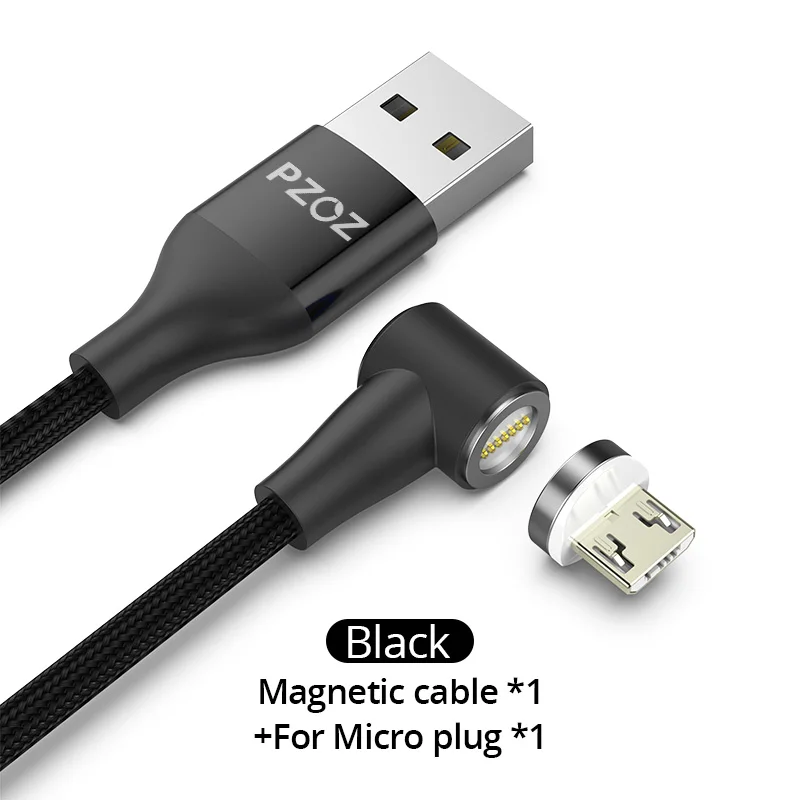 Black 1m For Micro Магнитный кабель PZOZ 90 градусов usb c Micro usb type C для быстрой зарядки, магнитное зарядное устройство Microusb type-C для iphone Xs MAX xiaomi usb-c - Цвет: Black 1m For Micro
