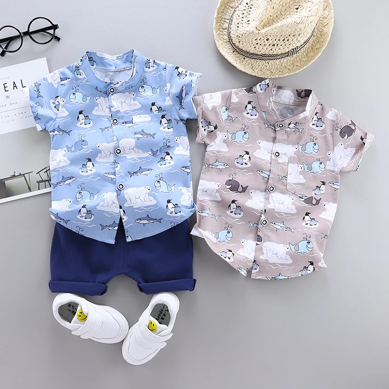 Toddler Baby Boy Clothing Set Summer Sharks Penguins Print T-Shirt Cartoon Children Boys Clothes Shorts Suit for Kids Outfit | Детская