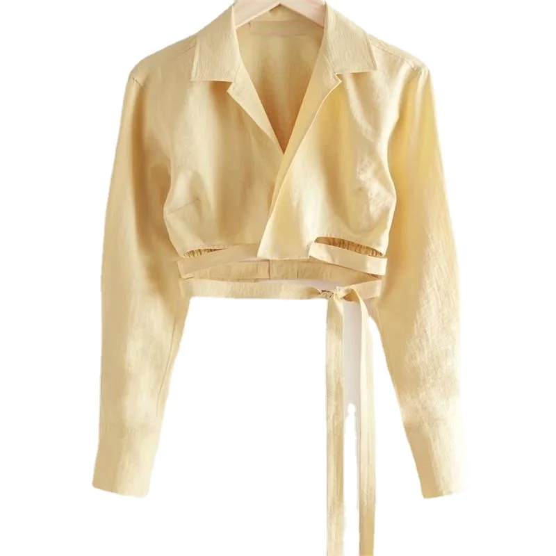 

2021 New Women Sexy Fashion Backless Tied Cropped Blouses Vintage V Neck Long Sleeve Female Shirts Streetwear