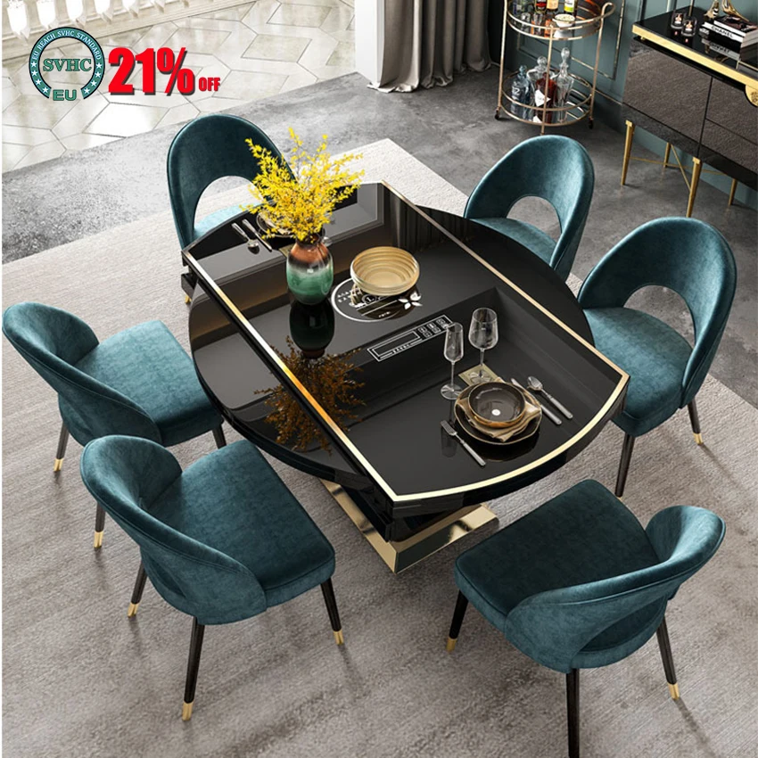 

Light luxury Round Dining Table Living Room Home Furniture Multi-functional Foldable Dining Table Chairs With Induction Cooker