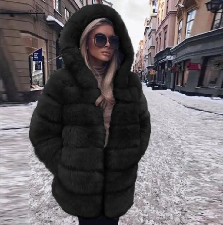 black color Женское зимнее пальто из искусственного меха, удобная куртка с открытым передом и капюшоном, плотная однотонная теплая верхняя одежда с длинным рукавом, пальто размера плюс - Цвет: black color