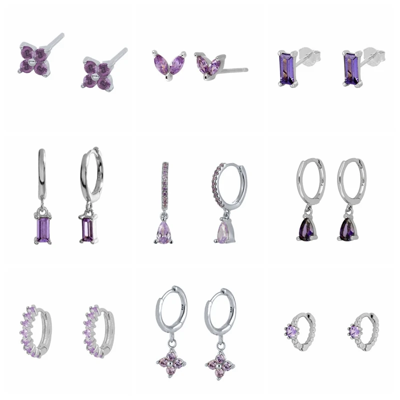 

MC Purple Zircon Women Earrings Amethyst 925 Sterling Silver Piercing Ear Stud Hoops New Fashion Light Luxury Pendientes Set