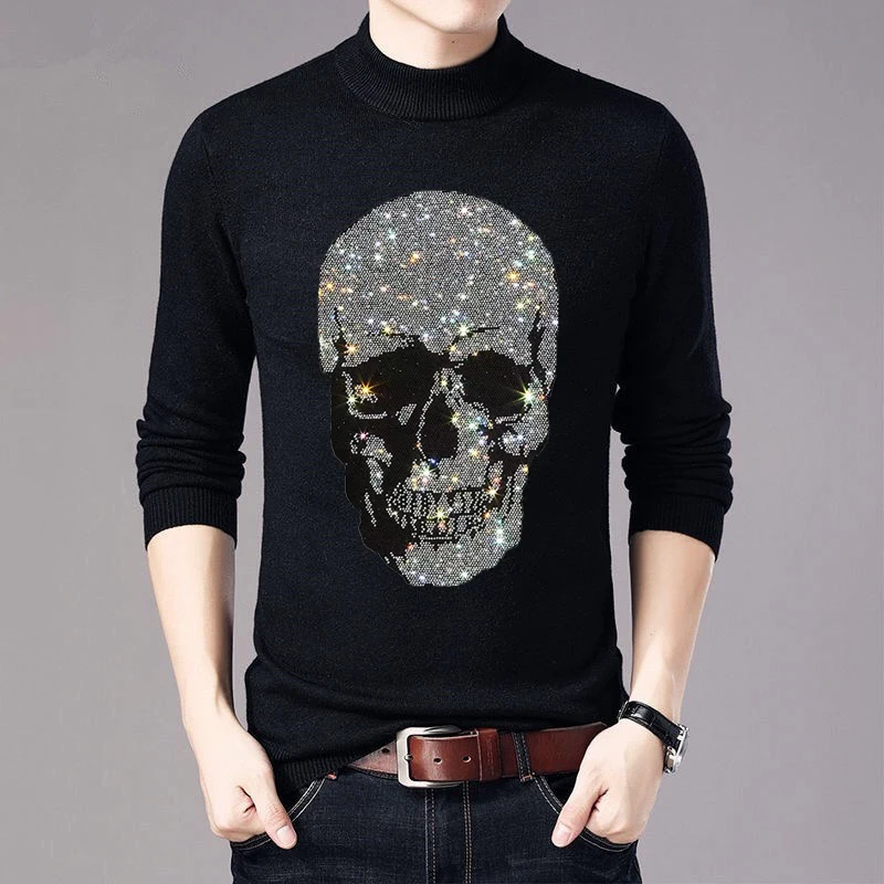 

Spring Men's Turtleneck Sweater Fashion Slim Wool Rhinestone Knitweat Top Quality Pullover 2021 New Style Suitable for Youth