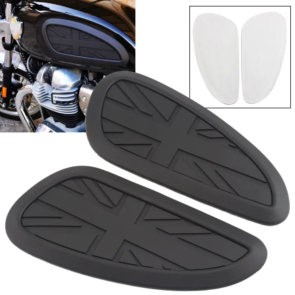 

Motorcycle Black Rubber Universal Retro Cafe Racer Gas Fuel tank Pad Rubber Sticker Protector Knee Grip Decal W/ UK Flag Logo