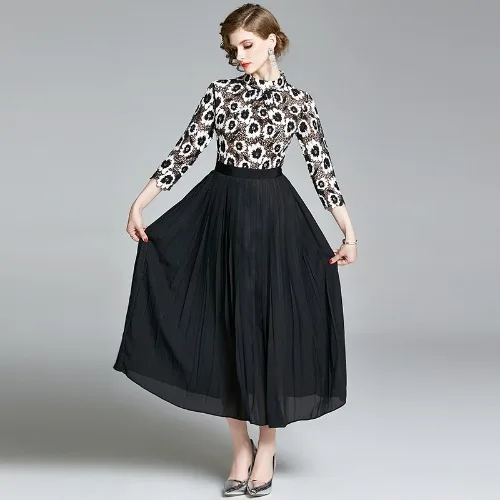 

2020 Vintage Lace Dress Women Summer Three Quarter Sleeve Lace Patchwork Stand Collar Patchwork Mid-Calf Dresses Vestidos
