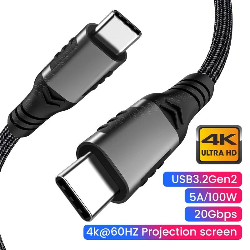 USB 3.2 Gen2 Type C Cable Thunderbolt 3 20Gbps USB-C Data Sync Cable For Macbook Pro 5A 100W USB-C Fast Charging Charge Cable 2M