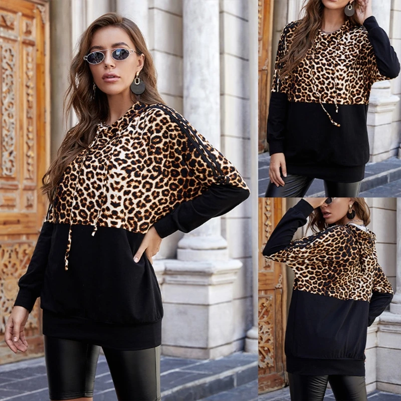 

Women Autumn Long Sleeve Drawstring Hoodies Color Block Leopard Patchwork Tunic Tops Side Stripes Casual Loose Pullover Streetwe