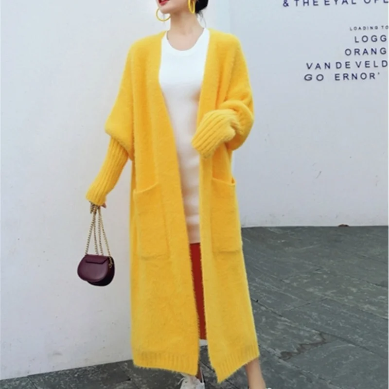 

Lugentolo Long Cardigan Women Imitation Mink Velvet Loose Threaded Sleeve Knitted Sweater Coat Fall Fashion Pockets Cardigans