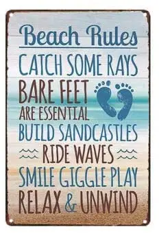 

Home Decoration Retro Metal Tin Sign Beach Rules Catch Some Rays Beach Seaside Decoration Metal Plate 8x12 or 12x16 Inches