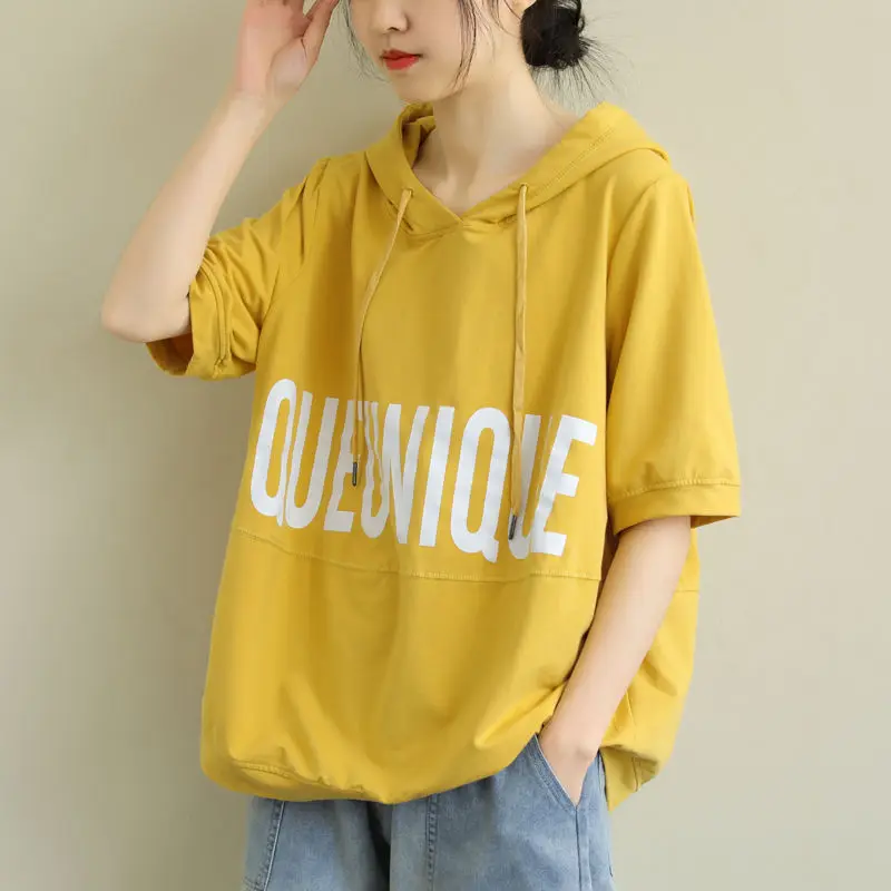 

Cotton Loose Artistic Hooded Lace-up Summer New Letter Printing Flab Hiding Versatile Casual T-shirt Sweater for Women