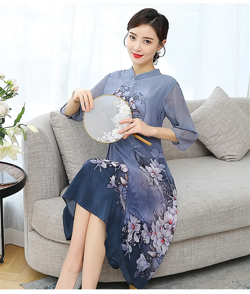 Женское длинное платье в китайском стиле летнее с коротким рукавом элегантное