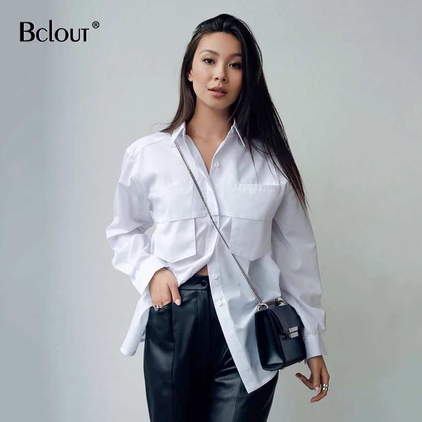 

Bclout Street Fashion Patchwork Pockets Blouses Elegant Office Lady Single Breasted White Shirt 2022 Long Sleeve Solid Top Women