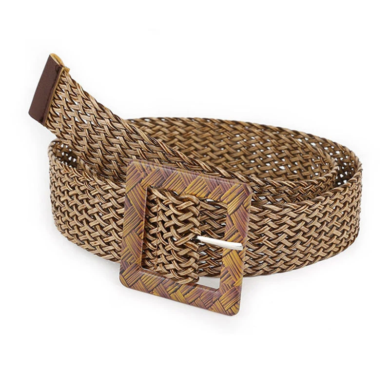 

Vintage Boho Braided Waist Belt Summer Female Belt Round Sqaure Wooden Smooth Buckle Fake Straw Wide Belts For Women Hot Sale