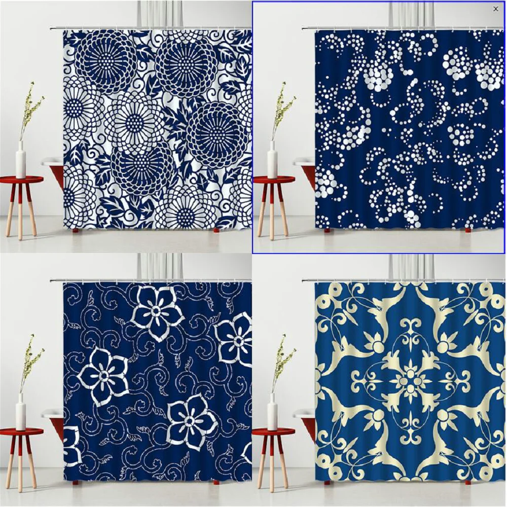 

Blue Bohemian Shower Curtain Set Circular Datura Ethnic Style Printing Waterproof Polyester Fabric Bathtub Decoration