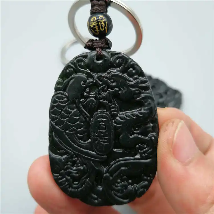 Китайский натуральный черный зеленый нефритовый резной счастливый Дракон фото +