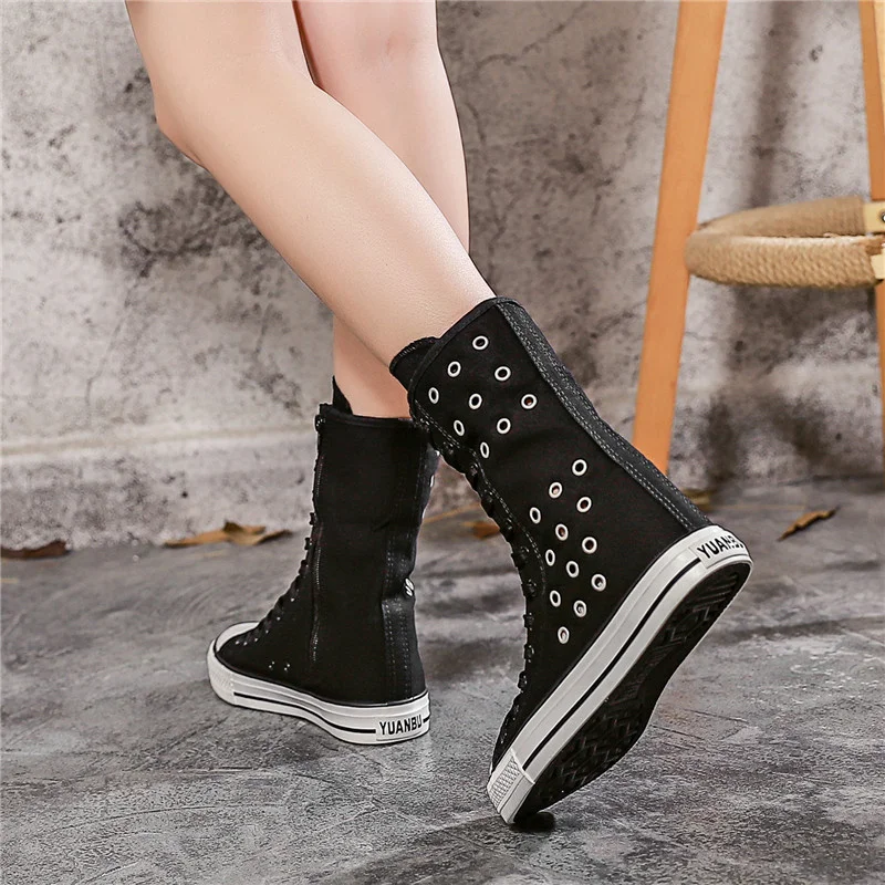 

New spring and autumn middle tube canvas shoes fashion female students Korean zipper canvas boots high top casual shoes men's