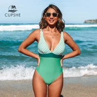 cupshe striped green v neck one piece swimsuit for women sexy adjusted strap beachwear monokini 2021 beach bathing suit swimwear