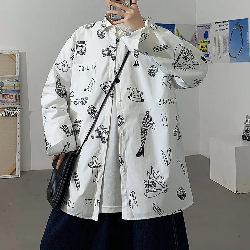 

2021 Spring And Summer New Youth Popular Men's Loose Personality Printed Long-sleeved Shirt Fashion Casual All-match Shirt