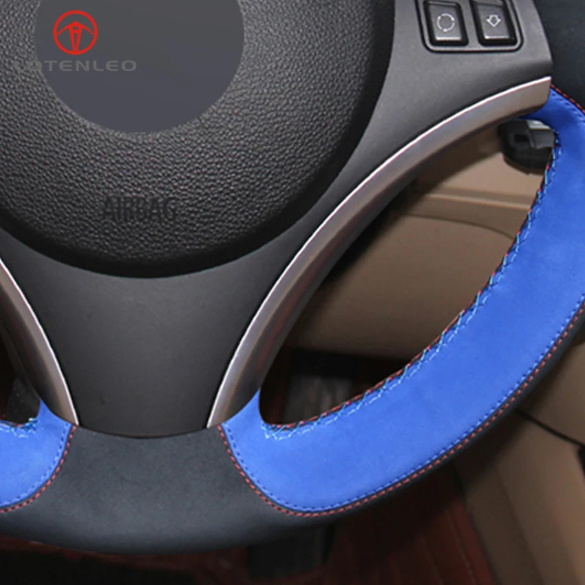 

LQTENLEO Black Leather Black Blue Suede Car Steering Wheel Cover For BMW M Sport 1 Series E87 E81 E82 E88 120i 130i 120d X1 E84