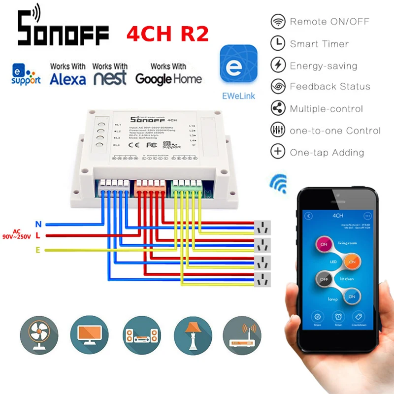 Ewelink Sonoff 4CH R2 WiFI смарт-переключатель 4 канала Din рейка монтажный пульт дистанционного управления домашнее устройство работает с Alexa Google home iftt