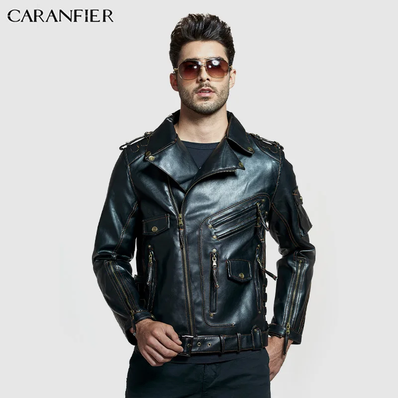 

CARANFIER мужская одежда винтажные мужские куртки Пальто мотоциклетная байкерская куртка из искусственной кожи мужские классические высокока...