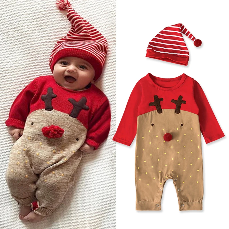 

Christmas Newborn Baby Romper Boys Girls Infants Jumpsuit With Hat Cute Elf Outfits Long Sleeve Sleepwear Carnival Party Kids