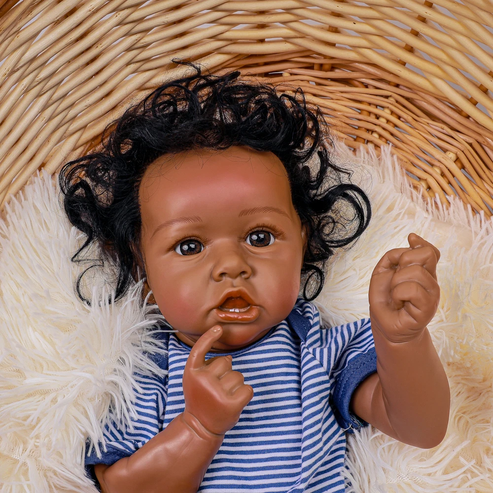 

20inch Lifelike Reborn Baby Doll With Teeth Black Full Body Silicone Doll With Crooked Mouth Adorable Realistic Bonecas Doll Toy