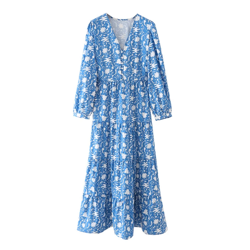 

Женское платье-макси с цветочным принтом, с V-образным вырезом