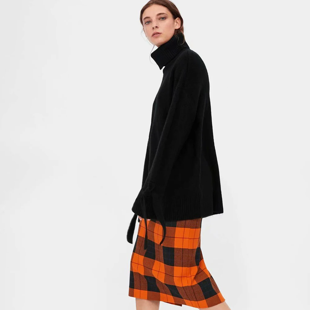 Женский Теплый вязаный свитер ZA мягкий с высоким воротником и бантом Осень-зима