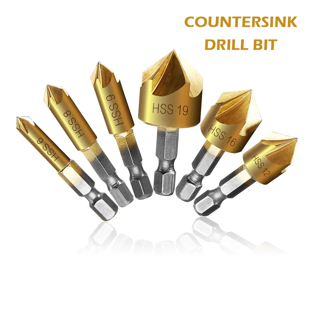 

6pcs Countersink Drill Bit Set 1/4'' Hexagonal Shank HSS 5 Flutes Countersink Woodworking Chamfering Cutter Chamfer Core Bit