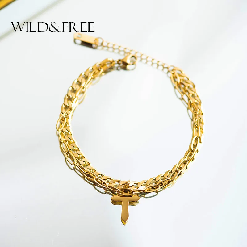Wild &amp Free нержавеющая сталь золотые слоистые кубинской крест браслет из бисера с