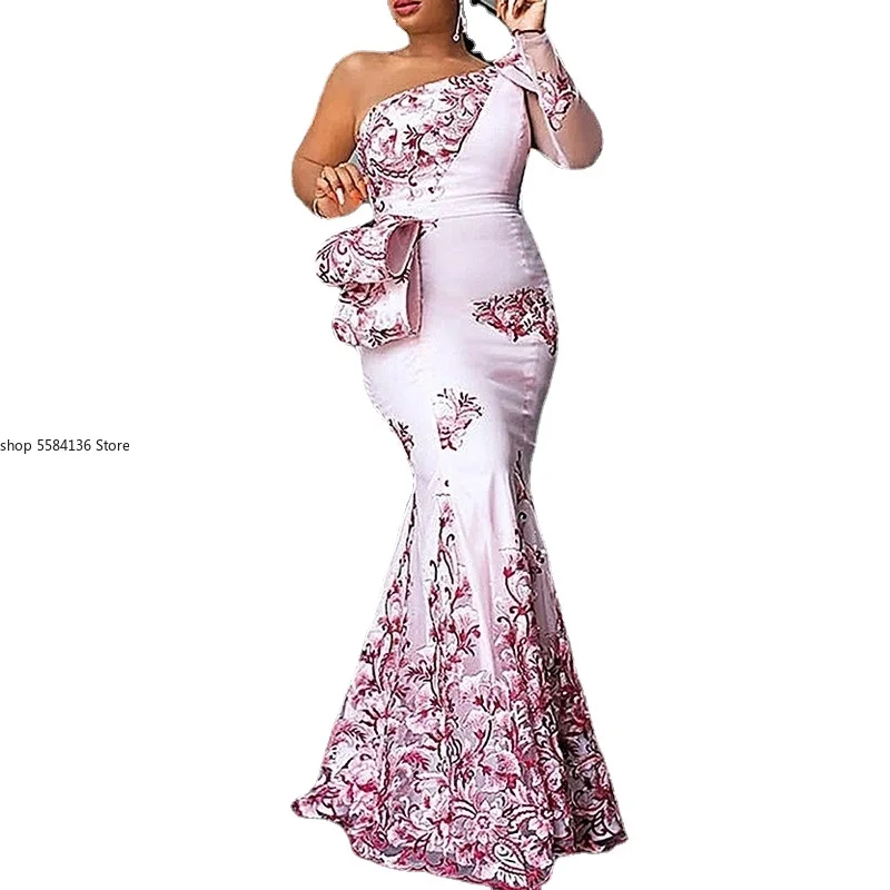 2021 Foral Print Pink One Shoulder Dress Tunic Peplum African vestidos de fiesta Bodycon Long Mermaid for Wedding Party | Женская одежда