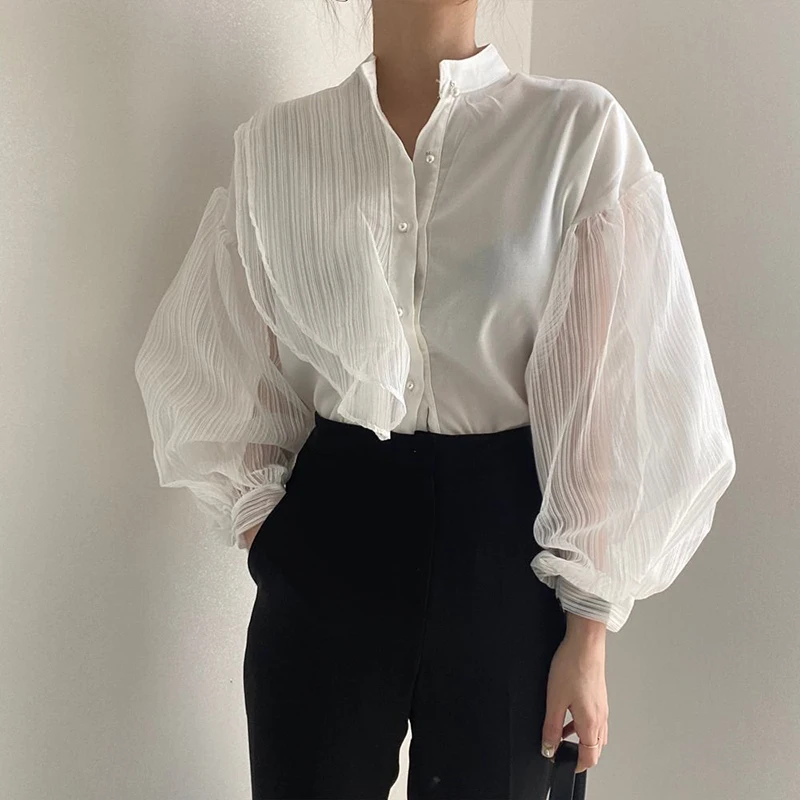 

QOERLIN Korean Chic Perspective Mesh Sleeves Stitching Stand Collar Shirt Asymmetric Ruffled Lantern Sleeves White Black Blouse