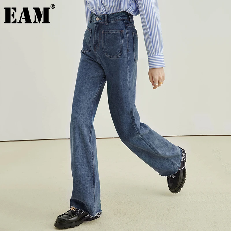 

[EAM] синие джинсы с высокой талией, Длинные повседневные джинсы с широкими штанинами, новые свободные женские брюки, модные демисезонные 2022 ...
