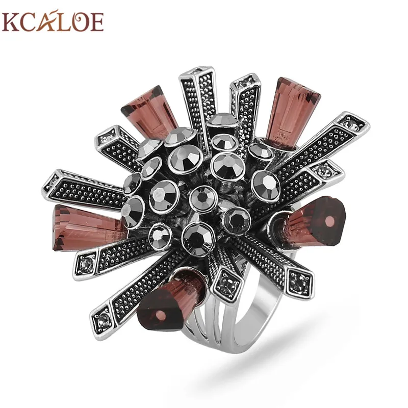 KCALOE Colorful Rhinestone Cubic Zirconia Ring Antique Rose Gold Color Crystal Column Big Flowers Wedding Women Rings Jewellery | Украшения