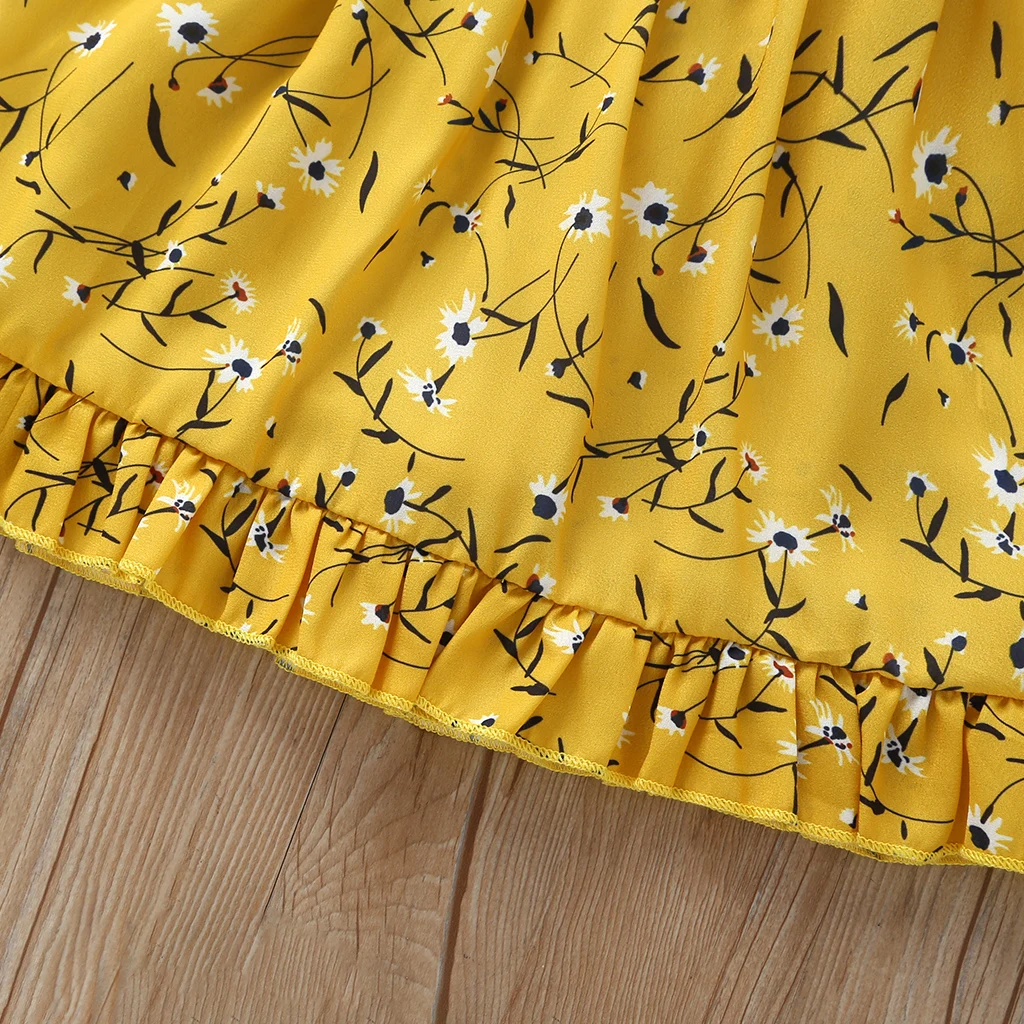 Желтое платье на подтяжках для девочек летняя детская одежда с оборками и