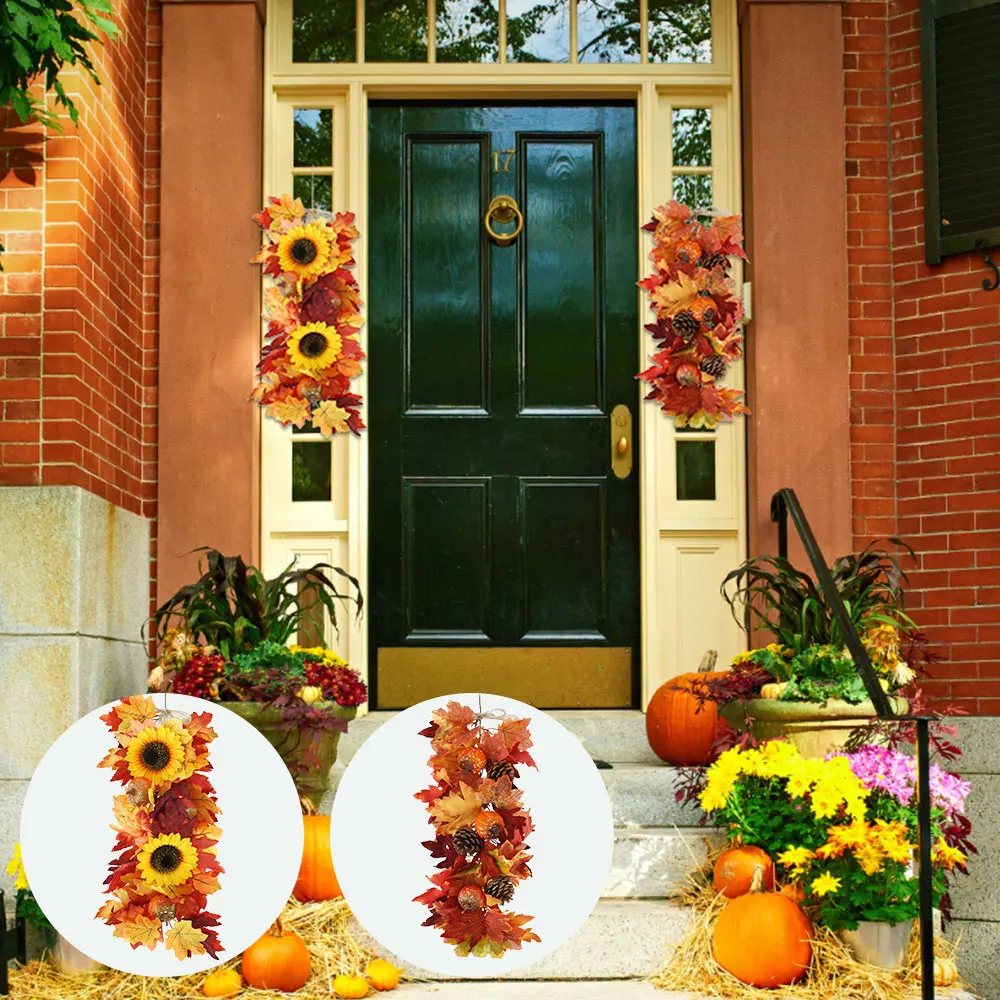 

Artificial Maple Leaf Vines Garland with Simulation Sunflower Pumpkin Fake Maple Leaf Ornaments Wall Hanging Fall Harvest Decor