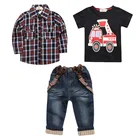 Джинсовый комплект Hooyi для мальчиков, 3 шт., клетчатая рубашка, комбинезон, пожарная машина, футболка, джинсы, брюки, подтяжки, детская одежда, автомобильный наряд, брюки, костюмы