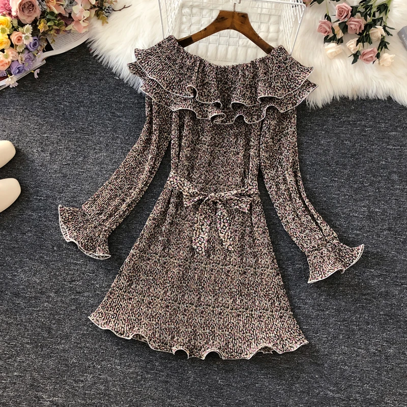 2020 New Slash Neck Ruffles Print Women Dress Korean Sashes Lacing Mini Pleated Dresses Beach Style Vestidos Femme | Женская одежда