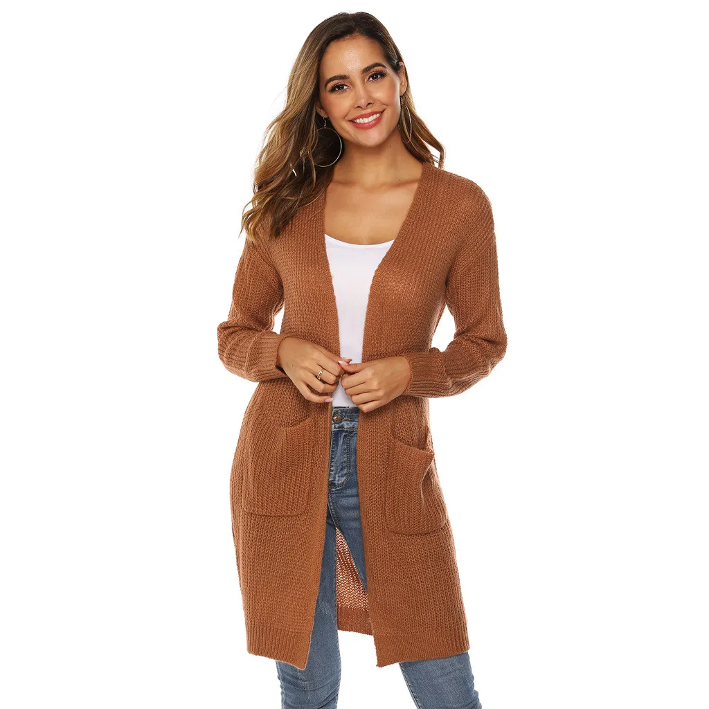 Модный женский кардиган свитер с длинным рукавом вязаный открытый плащ