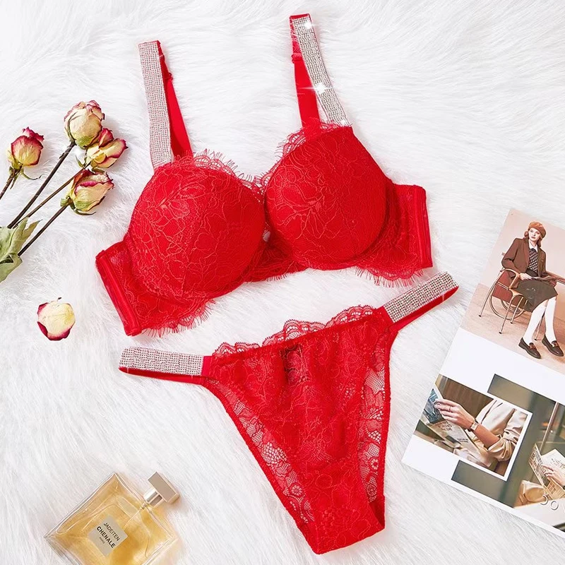 Letter Rhinestone Brand Lingerie Set Women Sexy lace Push Up Bra Panty 2 Piece Brief Sets Pink Comfort Underwear Set lenceria